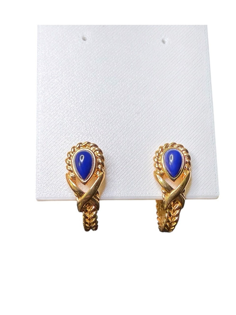 Vintage Signed TRIFARI Blue Faux Lapis Gold Half Hoop Pierced Earrings